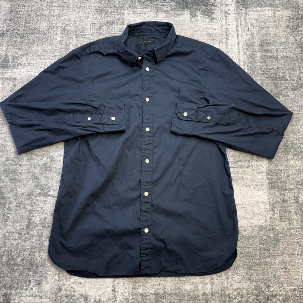 AllSaints Redondo Shirt Mens Medium Dark Navy Button Down Ramskull Quiet Luxury - Picture 2 of 9
